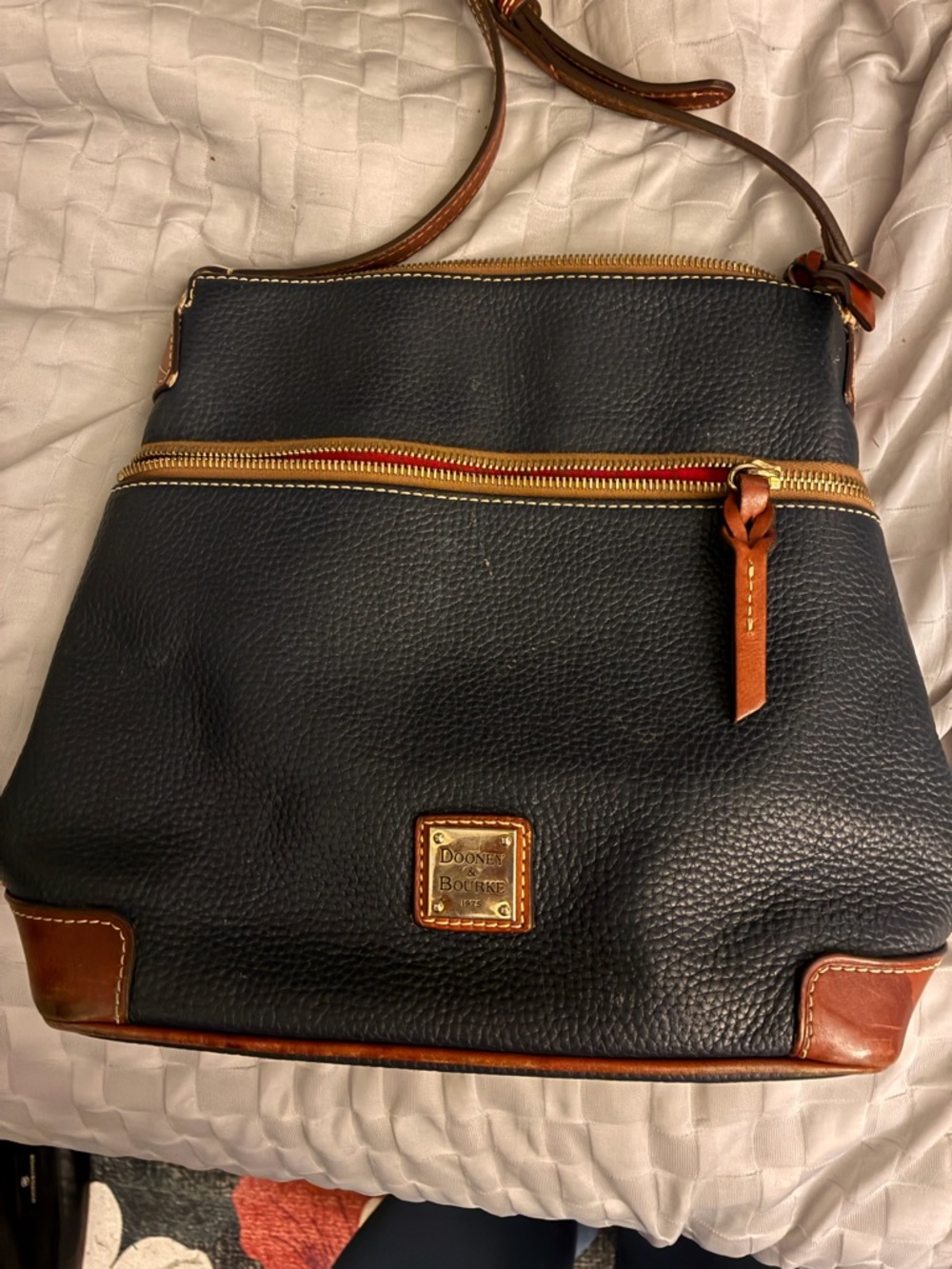 Dooney & Bourke Red Fabric Interior with Tan Leather Logo Patch